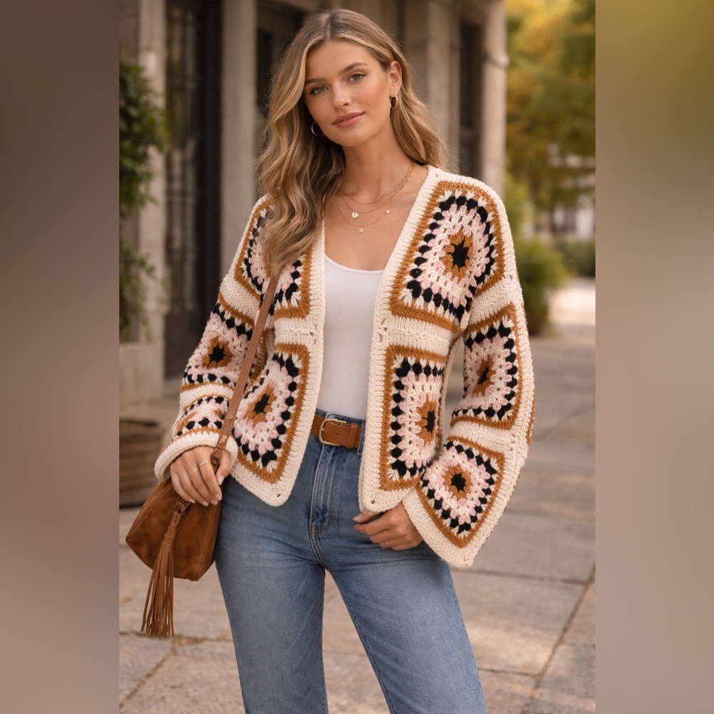 Boho Crochet Patchwork Cardigan - Cream & Pink